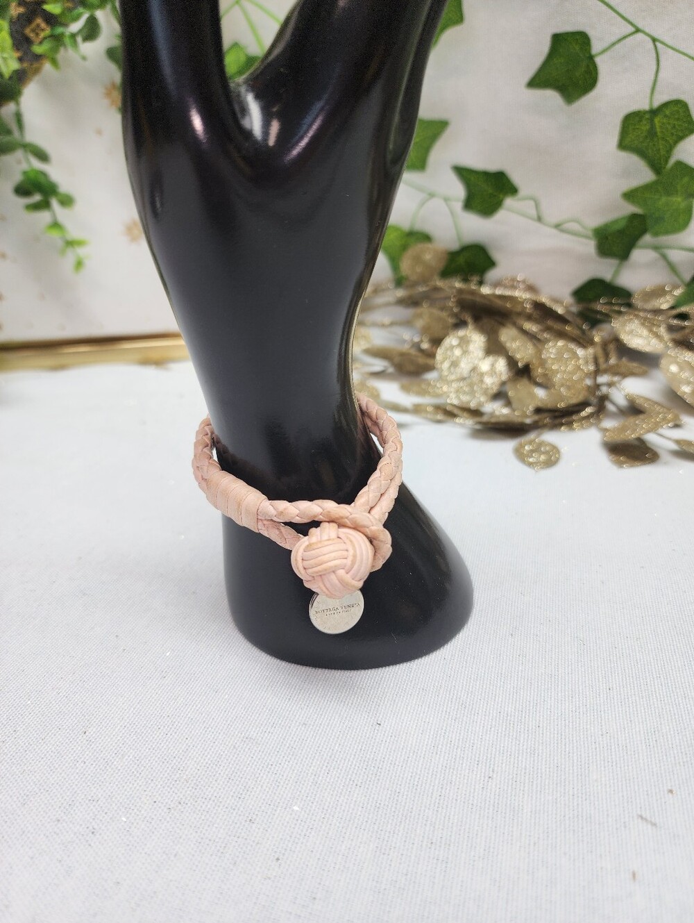 Authentic Bottega Veneta Pink Leather Woven Knot Bracelet With 925 Silver Charm